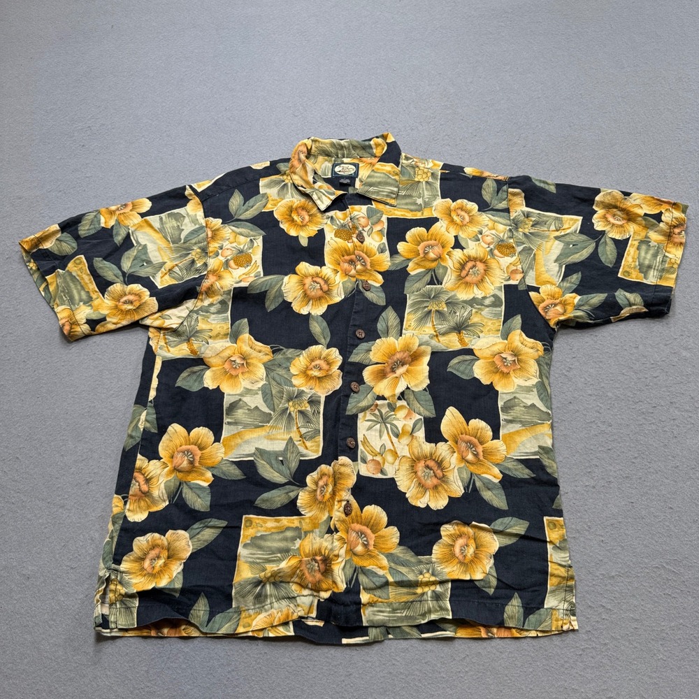 Vintage Tommy Bahama Linen Shirt Mens L Floral Hawaiian Button Down Tropical